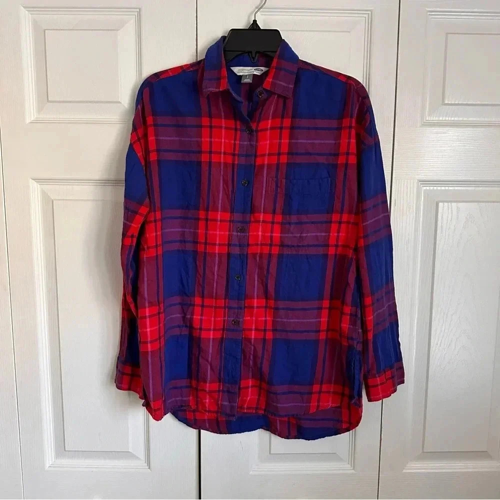 Old Navy The Boyfriend Shirt Womens Small Plaid Grunge Farmcore Chores Flannel